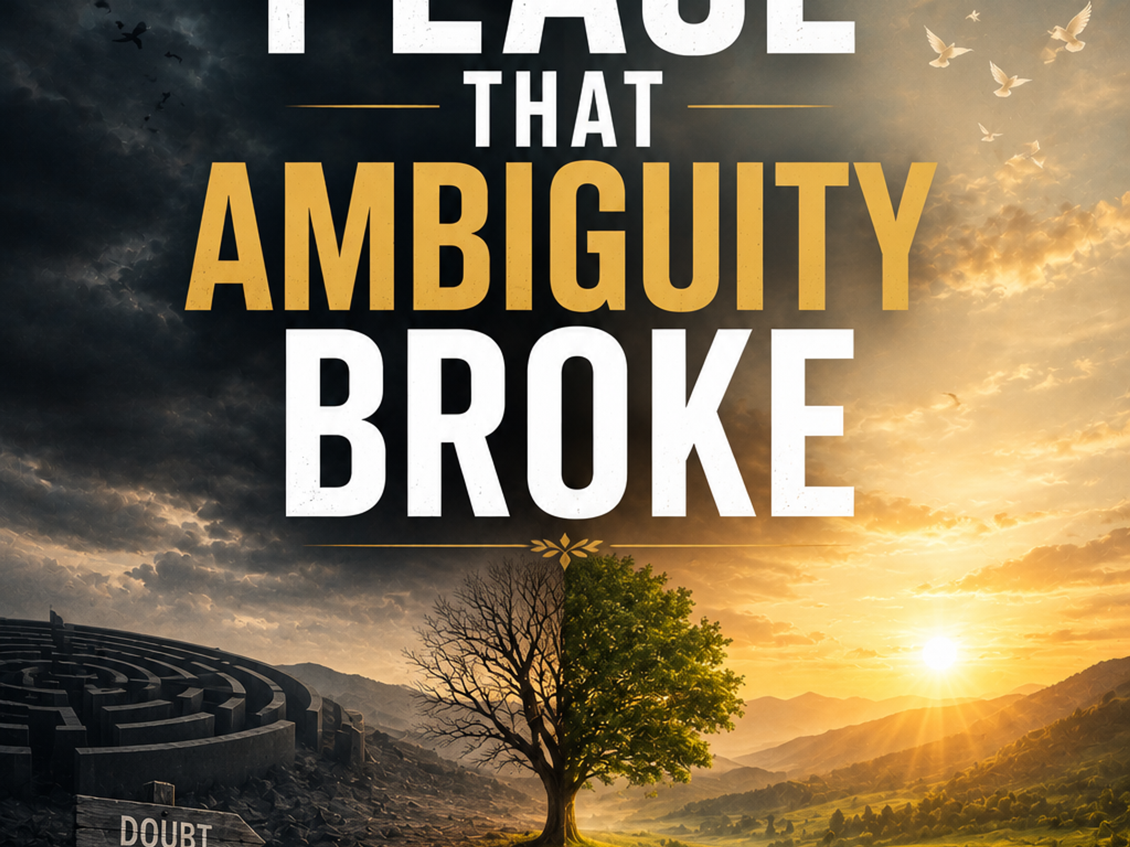 An image split in half by a path and a half-dead, half-vibrant tree. The left side is a dark, barren landscape with a maze and signs for 'DOUBT,' 'UNCERTAINTY,' 'MISINTERPRETATION,' 'FEAR.' The right side is a bright, lush landscape with a 'CLARITY' sign. Text: 'THE PEACE THAT AMBIGUITY BROKE.'