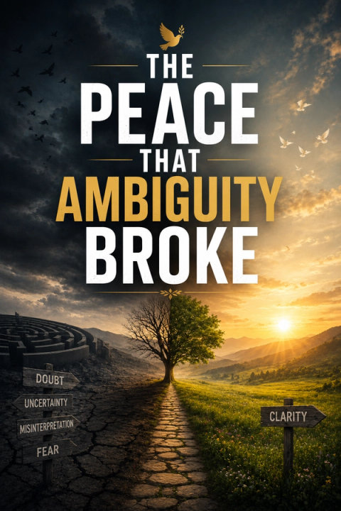 An image split in half by a path and a half-dead, half-vibrant tree. The left side is a dark, barren landscape with a maze and signs for 'DOUBT,' 'UNCERTAINTY,' 'MISINTERPRETATION,' 'FEAR.' The right side is a bright, lush landscape with a 'CLARITY' sign. Text: 'THE PEACE THAT AMBIGUITY BROKE.'