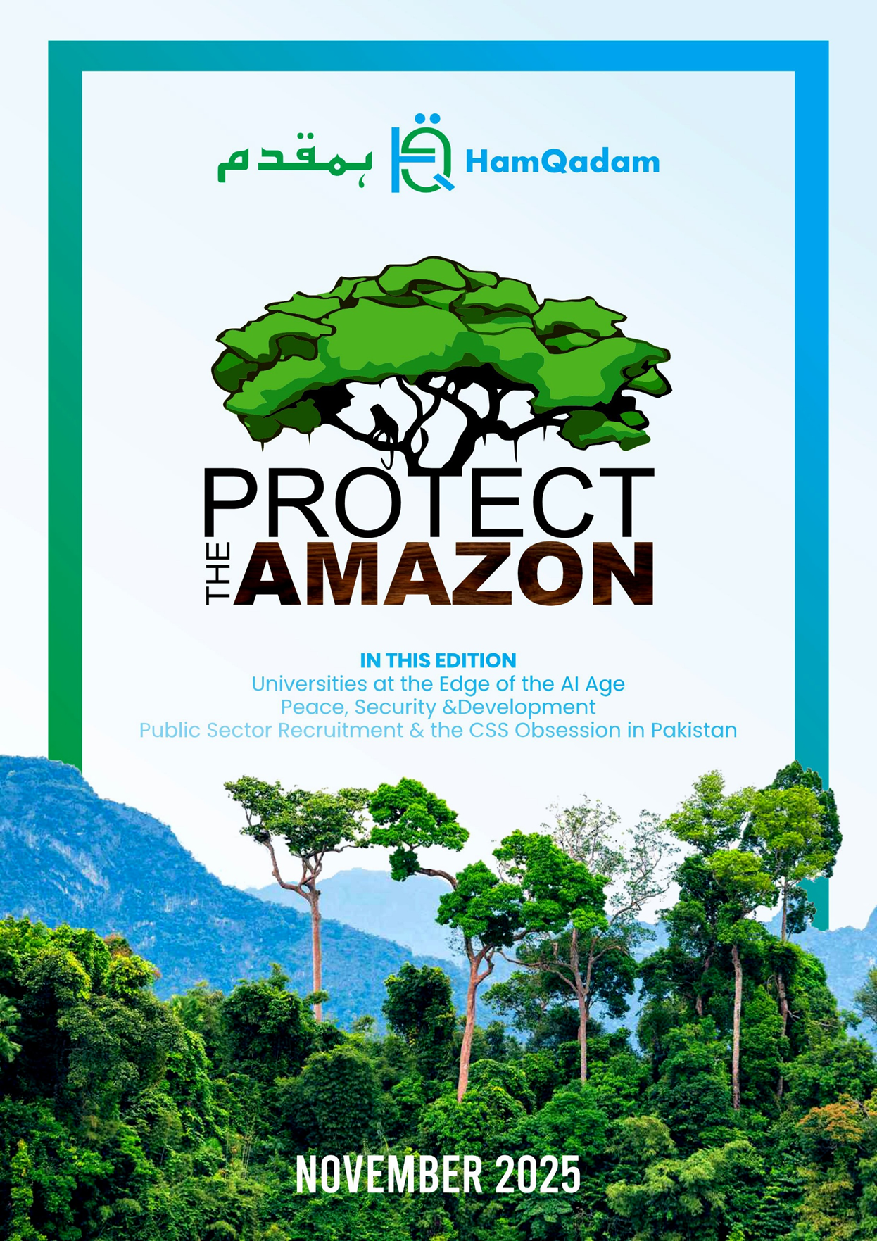 HamQadam magazine cover for November 2025, featuring a graphic tree and "PROTECT THE AMAZON" text above a lush jungle landscape.