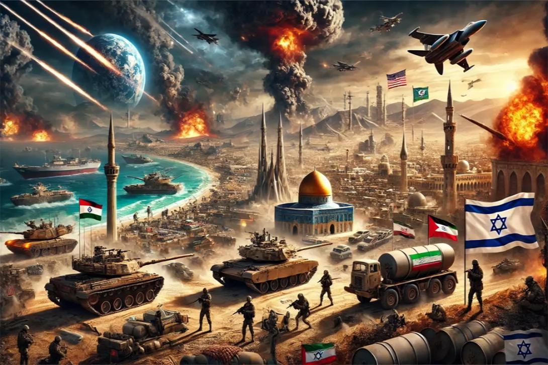 Apocalyptic global warfare engulfs a Middle Eastern city, featuring tanks, jets, soldiers, explosions, and flags of multiple nations, with Earth visible in the sky and missiles streaking.