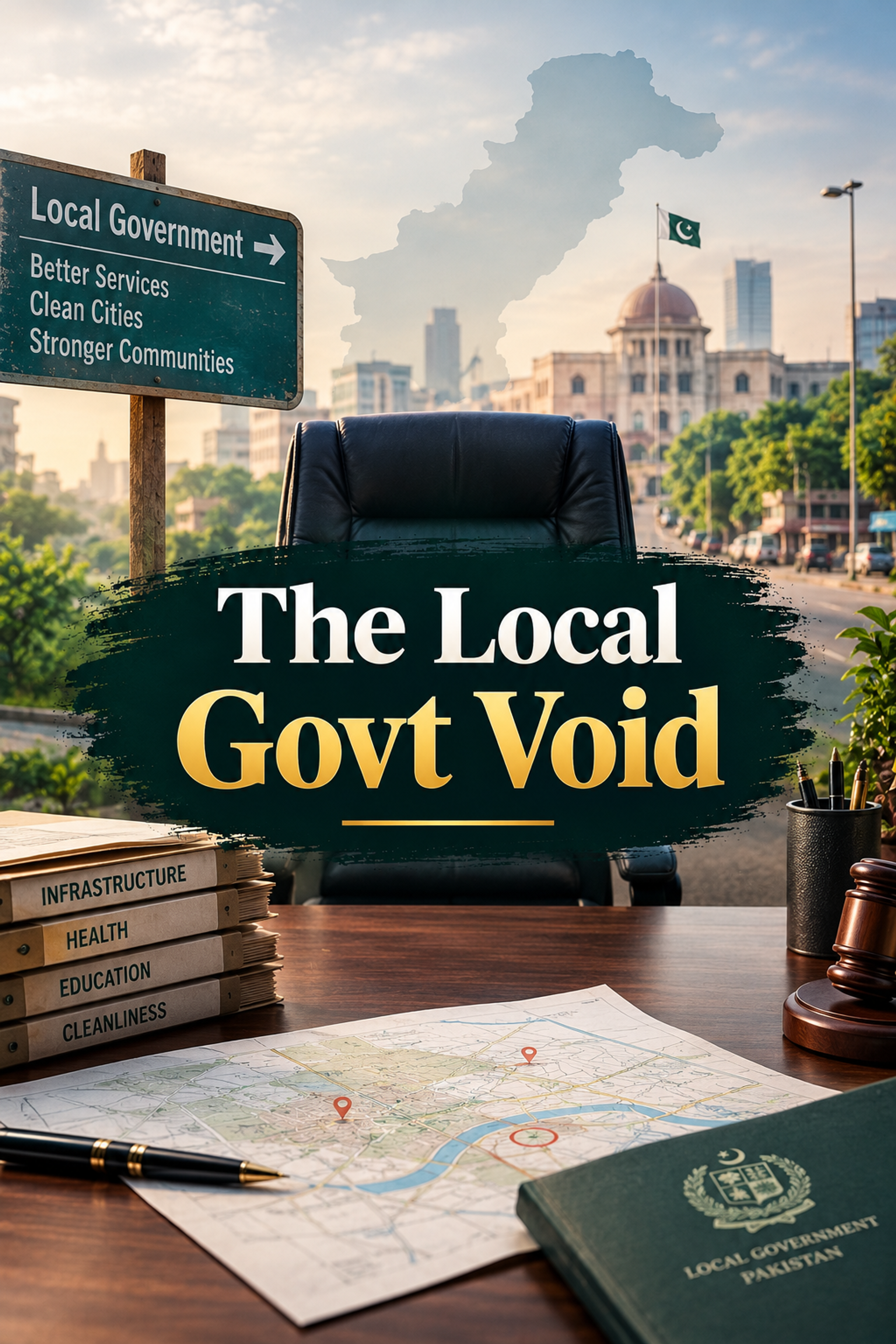 An empty office chair represents "The Local Govt Void" in Pakistan, with a sign for local government benefits and folders for infrastructure, health, education, and cleanliness on a desk, against a Pakistani cityscape.