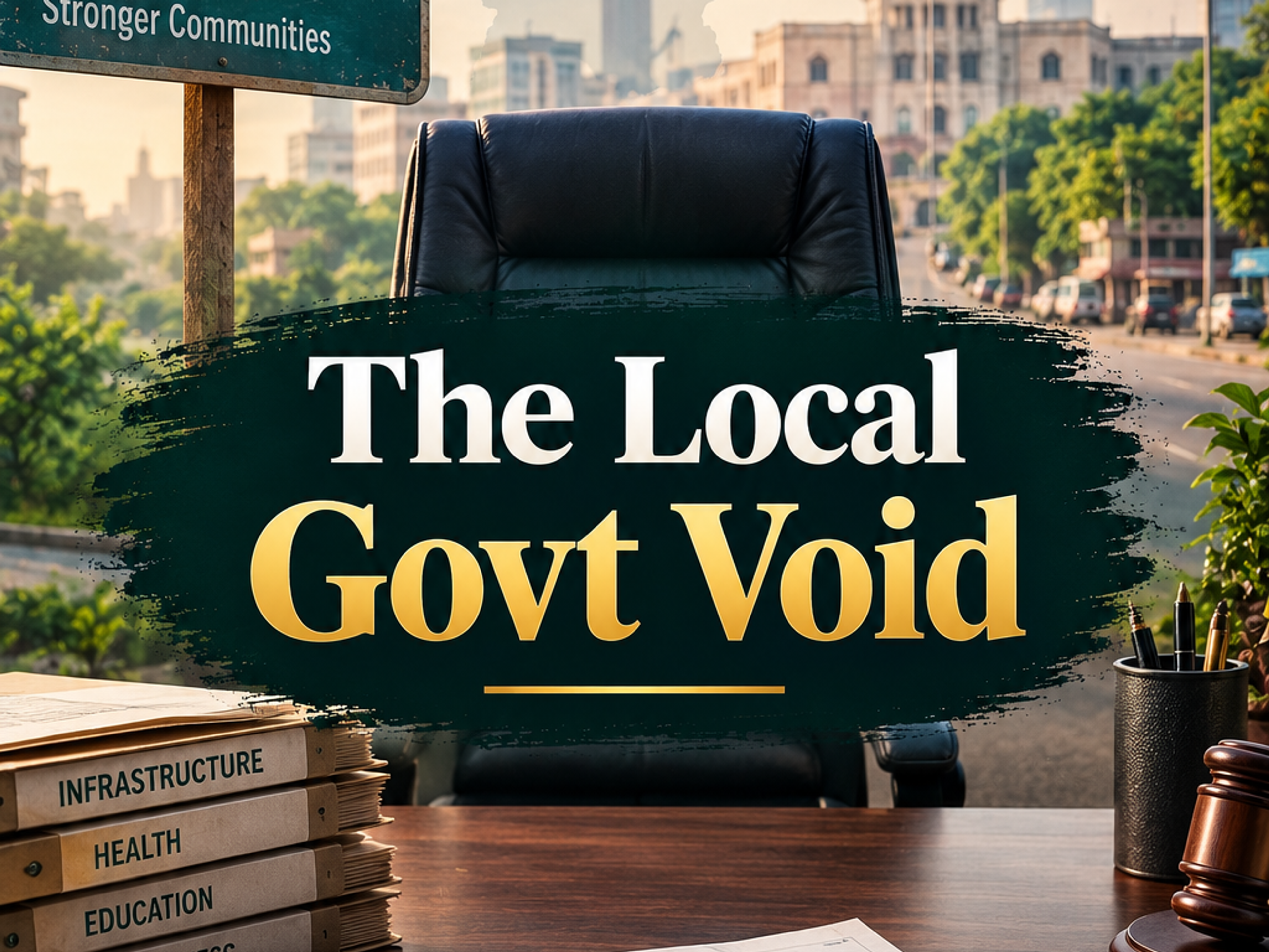 An empty office chair represents "The Local Govt Void" in Pakistan, with a sign for local government benefits and folders for infrastructure, health, education, and cleanliness on a desk, against a Pakistani cityscape.