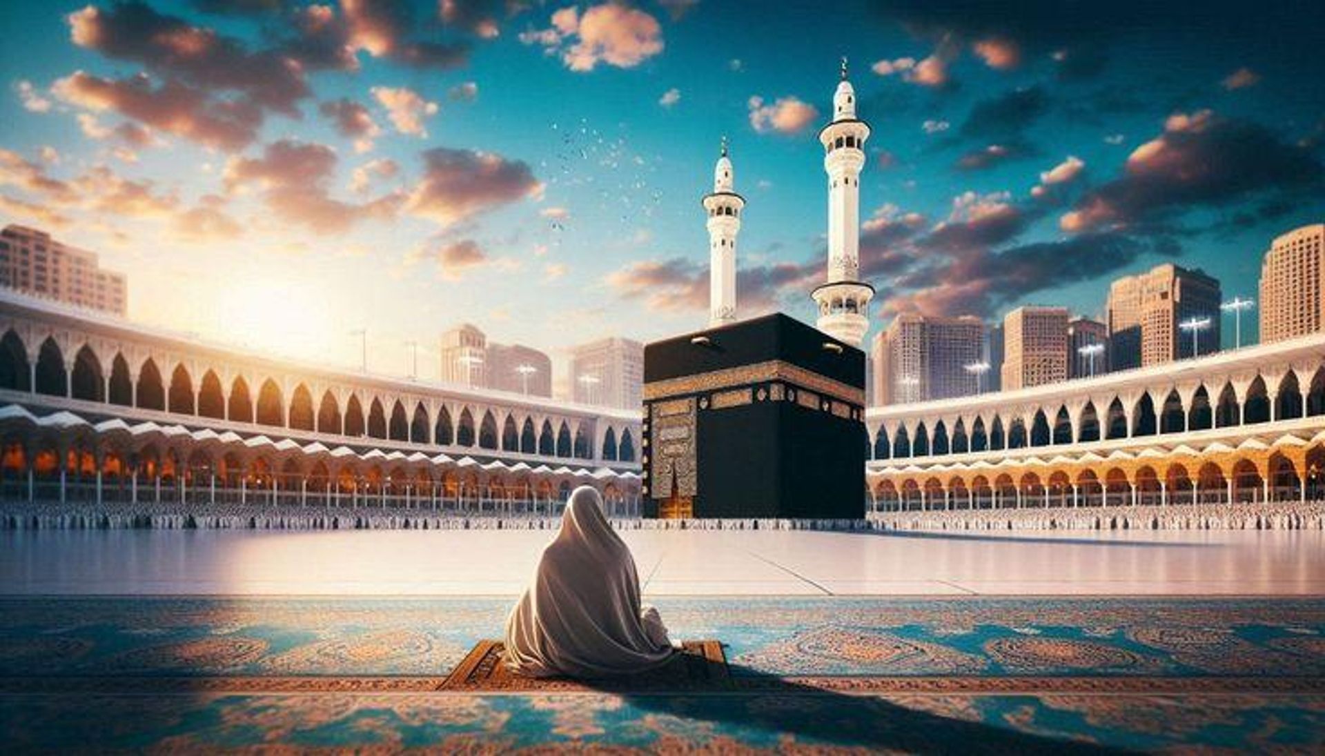 A worshipper kneels facing the Kaaba in the Grand Mosque, Mecca, under a vibrant sky.