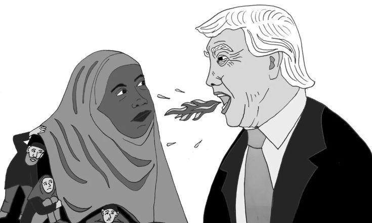 Political cartoon: Donald Trump shouts a burning American flag at a Black woman in a hijab who shelters huddled figures behind her.