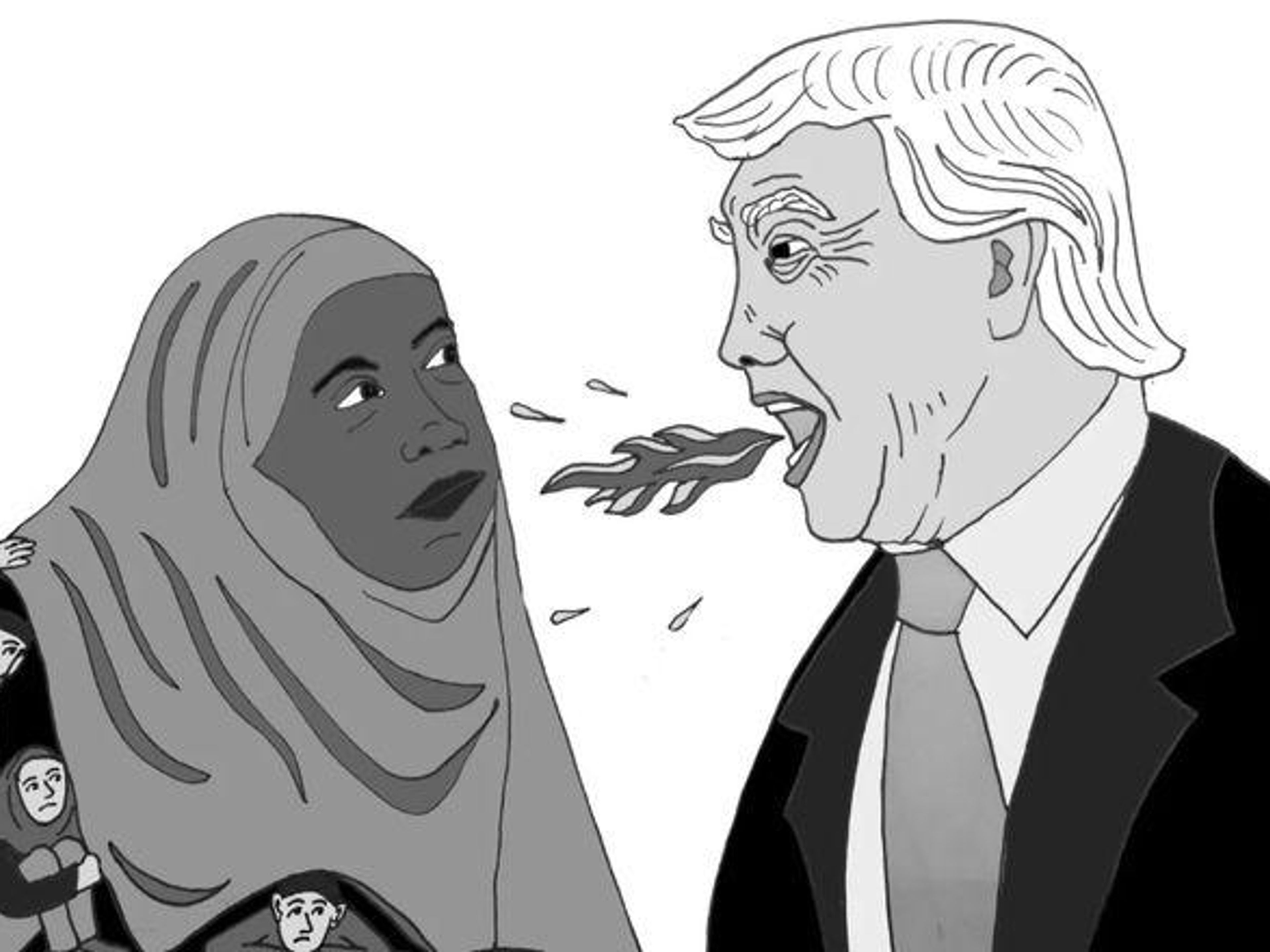 Political cartoon: Donald Trump shouts a burning American flag at a Black woman in a hijab who shelters huddled figures behind her.