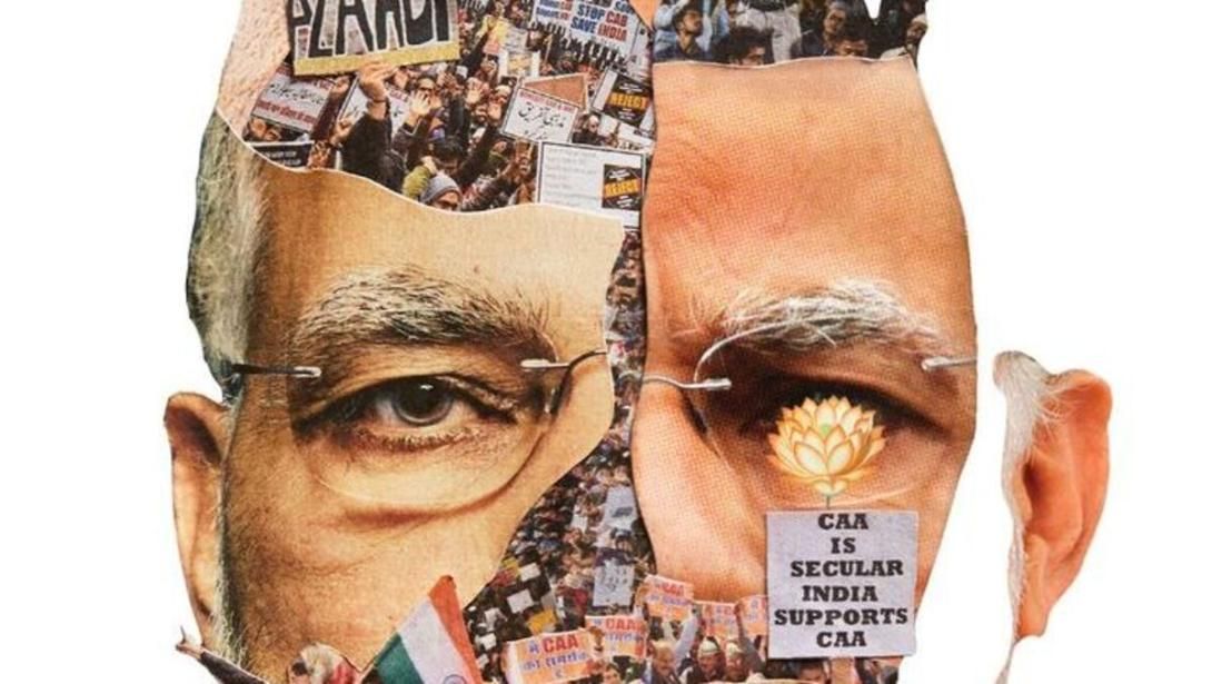 A collage forming a man's face from images of anti-CAA and pro-CAA protests. The left eye is human, the right eye is a lotus flower, both wearing glasses. Below the right eye, a sign reads "CAA IS SECULAR INDIA SUPPORTS CAA".