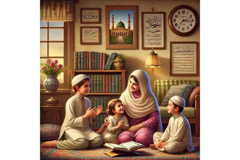 A Muslim mother teaches her three children from a book in a cozy room with Islamic decor.