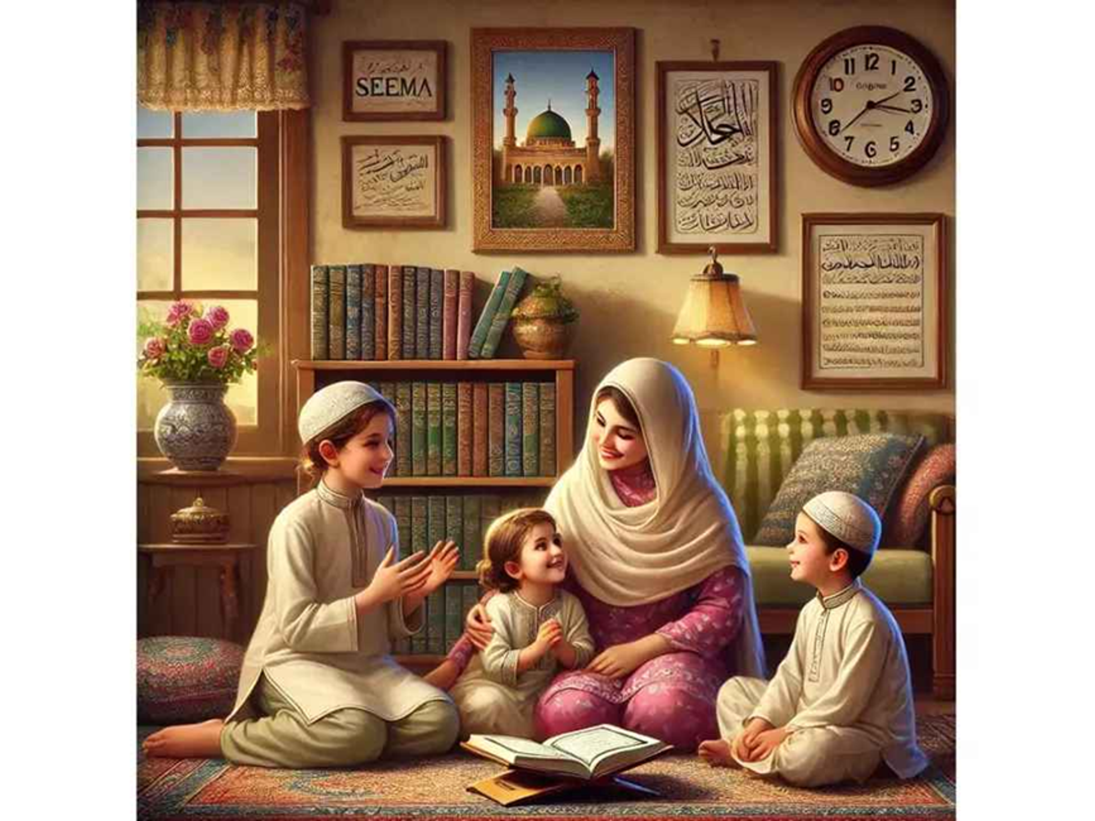 A Muslim mother teaches her three children from a book in a cozy room with Islamic decor.