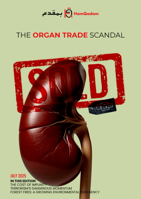 A graphic for "THE ORGAN TRADE SCANDAL" featuring a detailed human kidney with a red "SOLD" stamp overlaid and a price tag attached.