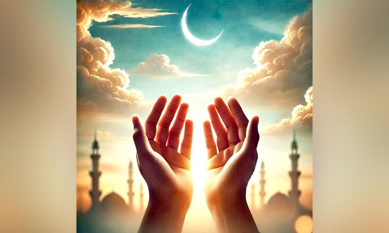 Muslim praying hands glowing with light under a crescent moon and mosque silhouettes.