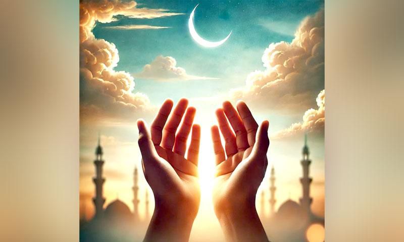 Muslim praying hands glowing with light under a crescent moon and mosque silhouettes.