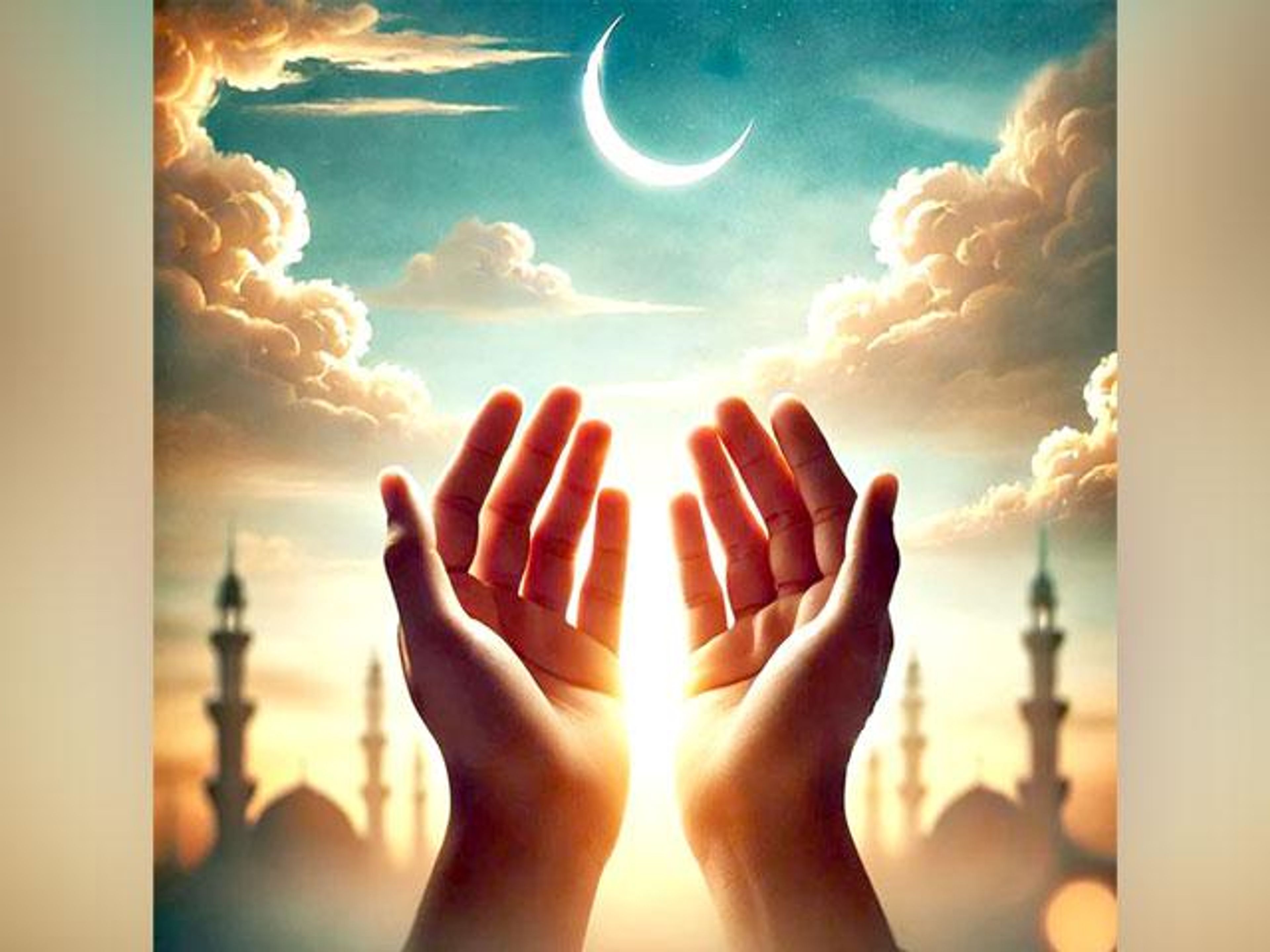 Muslim praying hands glowing with light under a crescent moon and mosque silhouettes.