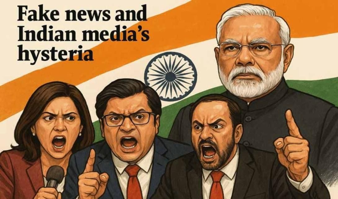 Cartoon of a stern Narendra Modi behind three yelling Indian news anchors, with text 'Fake news and Indian media's hysteria' against an Indian flag background.
