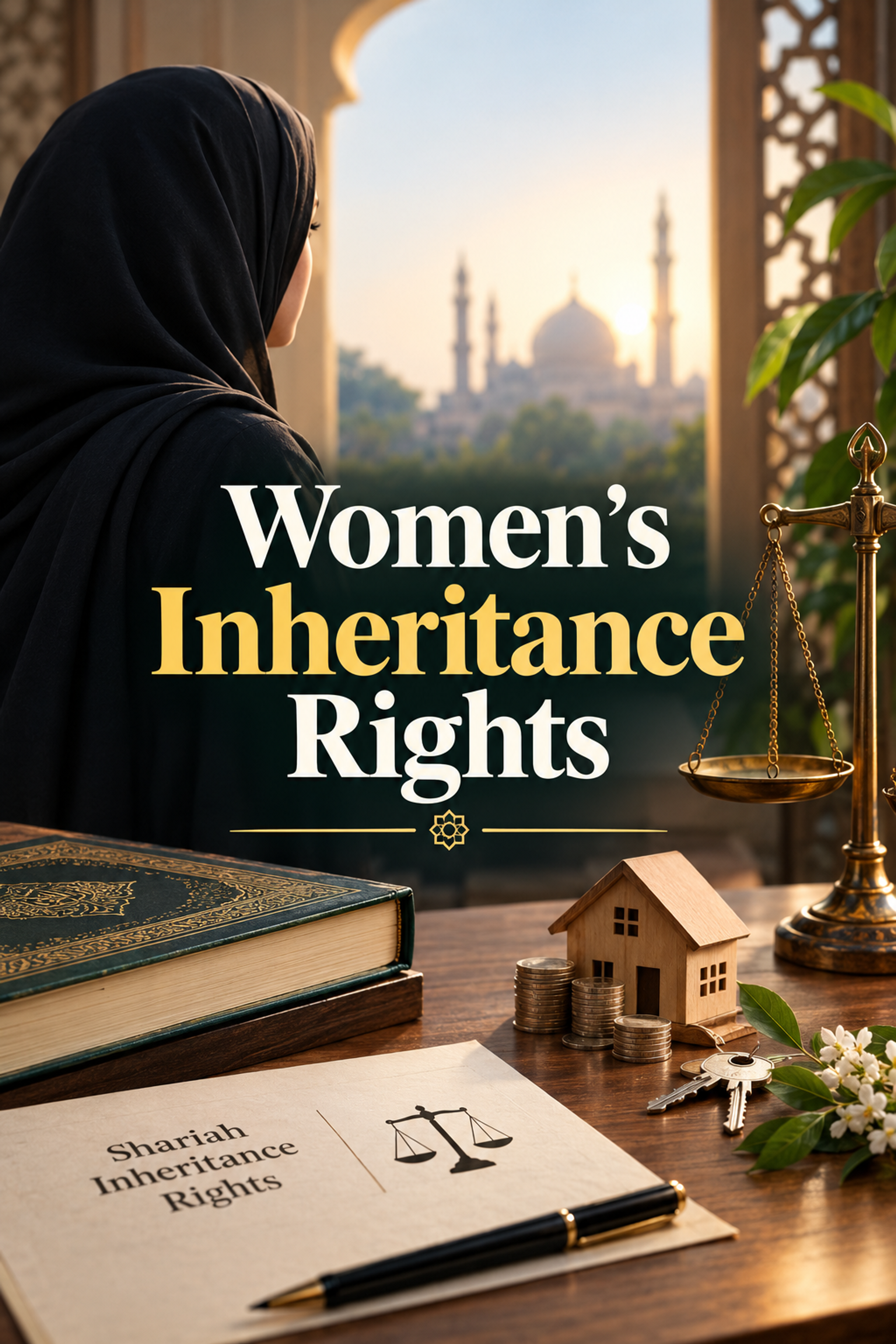 Graphic titled "Women's Inheritance Rights," featuring a woman in a hijab looking towards a mosque, with a table holding a document on "Shariah Inheritance Rights," scales of justice, a house model, and money.