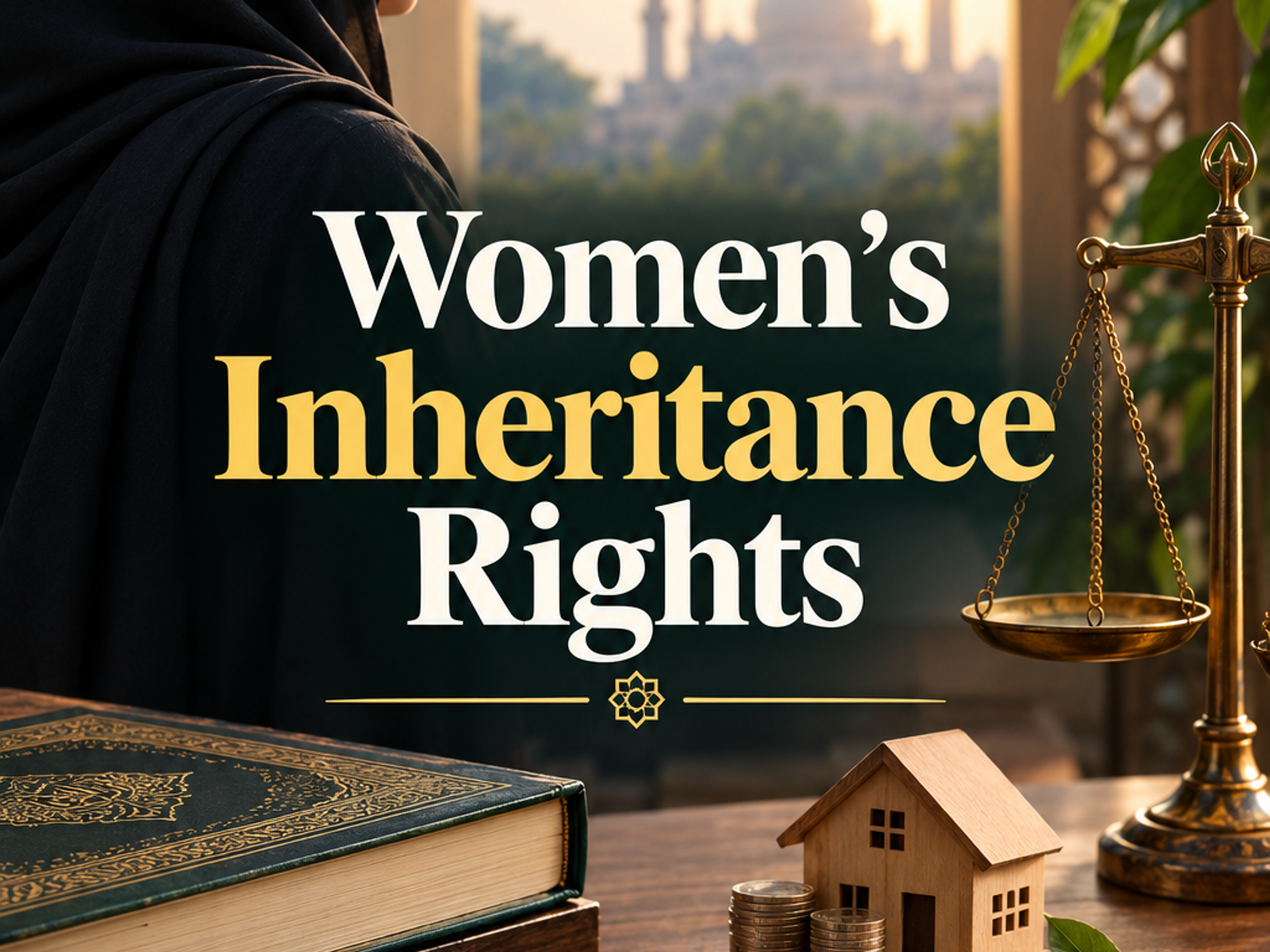 Graphic titled "Women's Inheritance Rights," featuring a woman in a hijab looking towards a mosque, with a table holding a document on "Shariah Inheritance Rights," scales of justice, a house model, and money.