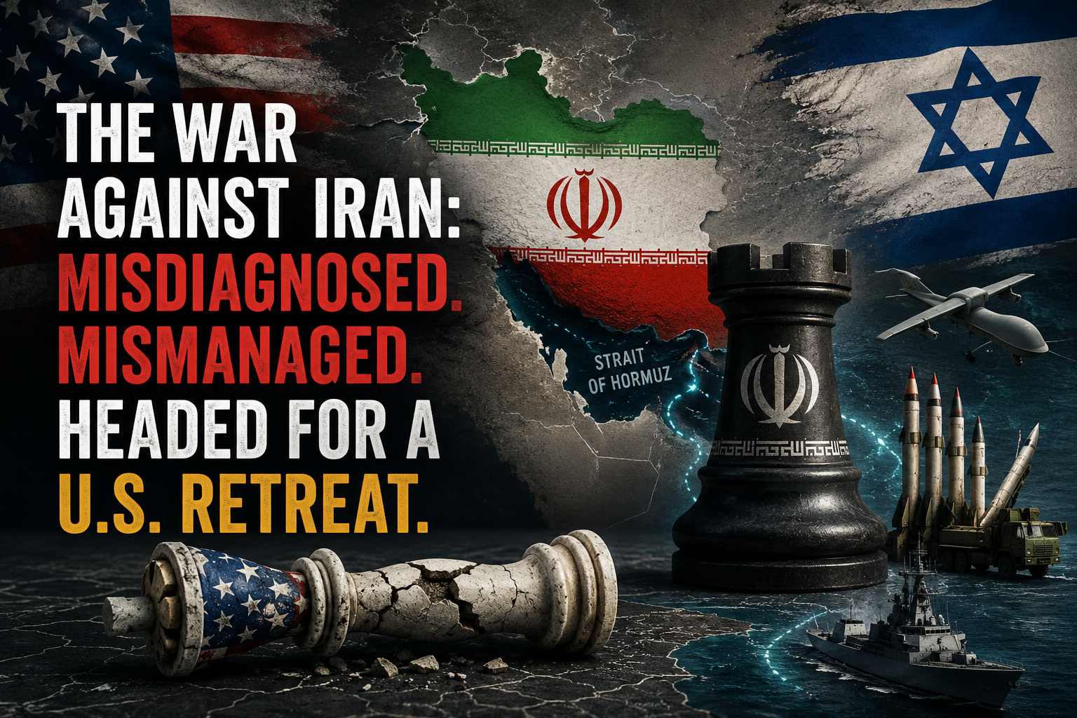 A political commentary graphic showing a broken US flag-themed chess king next to an upright Iranian emblem-emblazoned rook. In the background are flags of the US, Iran (with a map highlighting the Strait of Hormuz), and Israel, along with military assets. Text reads: "THE WAR AGAINST IRAN: MISDIAGNOSED. MISMANAGED. HEADED FOR A U.S. RETREAT."