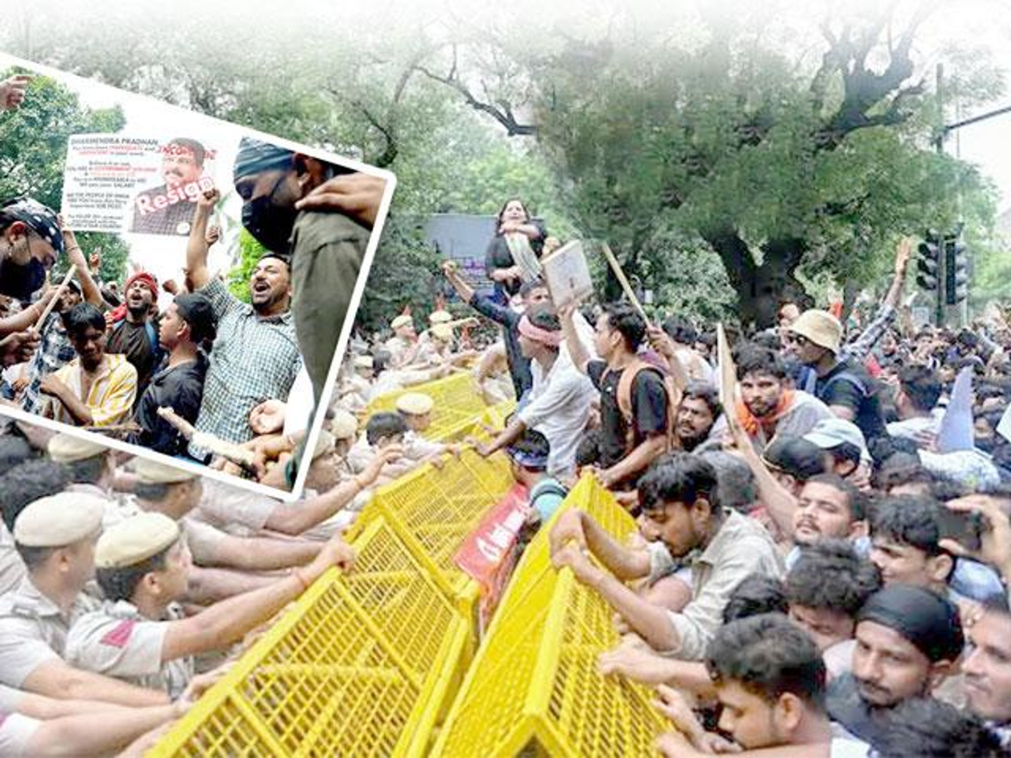 A large crowd of protestors pushes against yellow police barricades, confronting police officers, with some holding "Resign" signs.