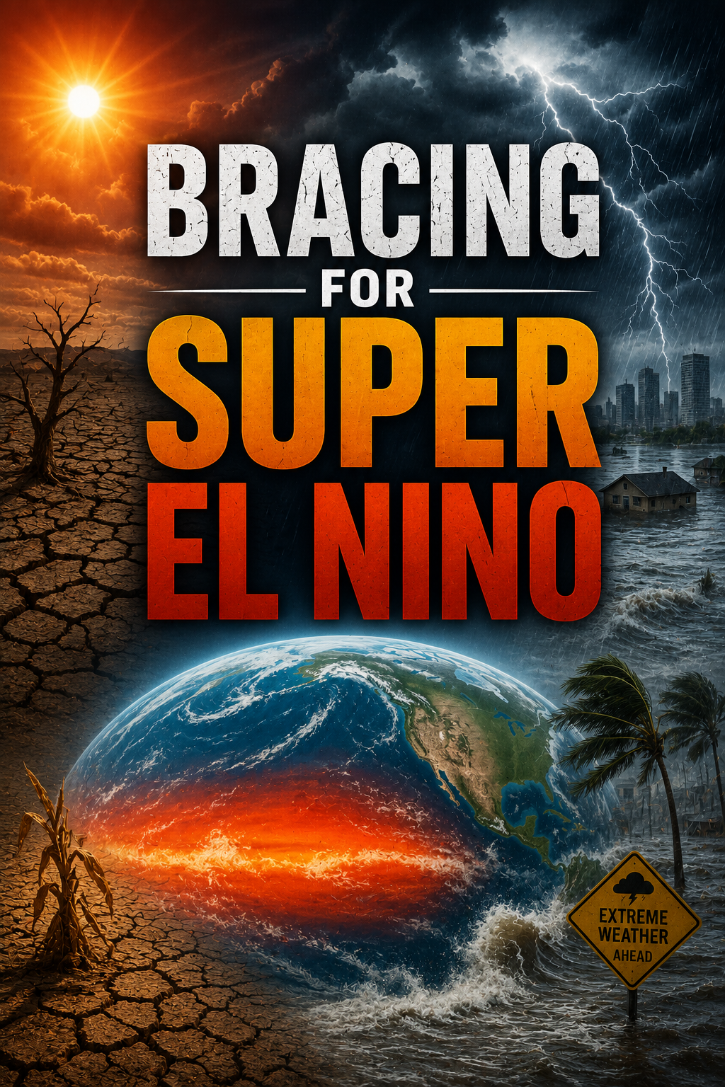 Poster for 'BRACING FOR SUPER EL NIÑO' showing a split scene of drought, floods, and a glowing Earth.
