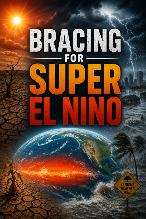 Poster for 'BRACING FOR SUPER EL NIÑO' showing a split scene of drought, floods, and a glowing Earth.