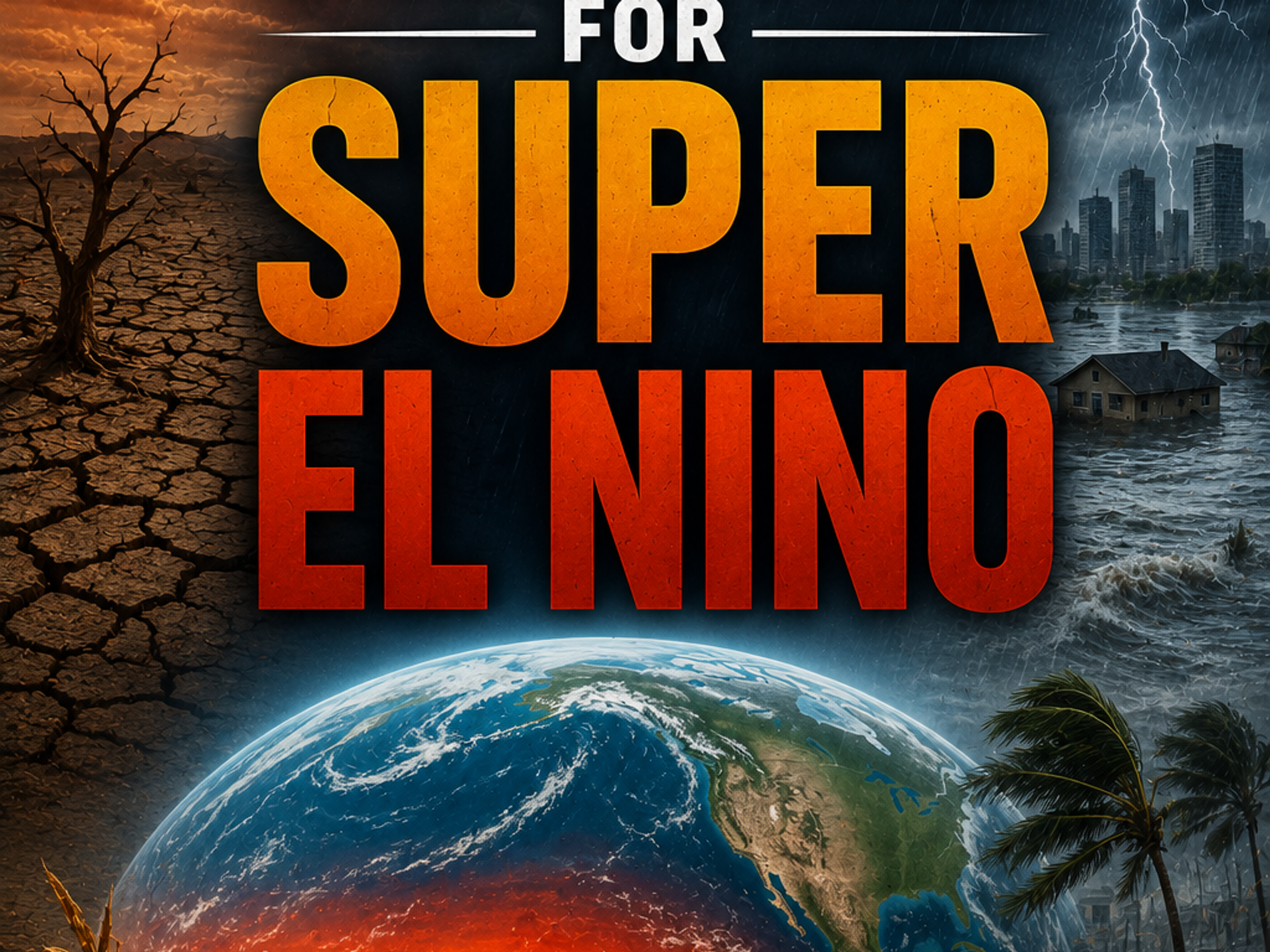 Poster for 'BRACING FOR SUPER EL NIÑO' showing a split scene of drought, floods, and a glowing Earth.