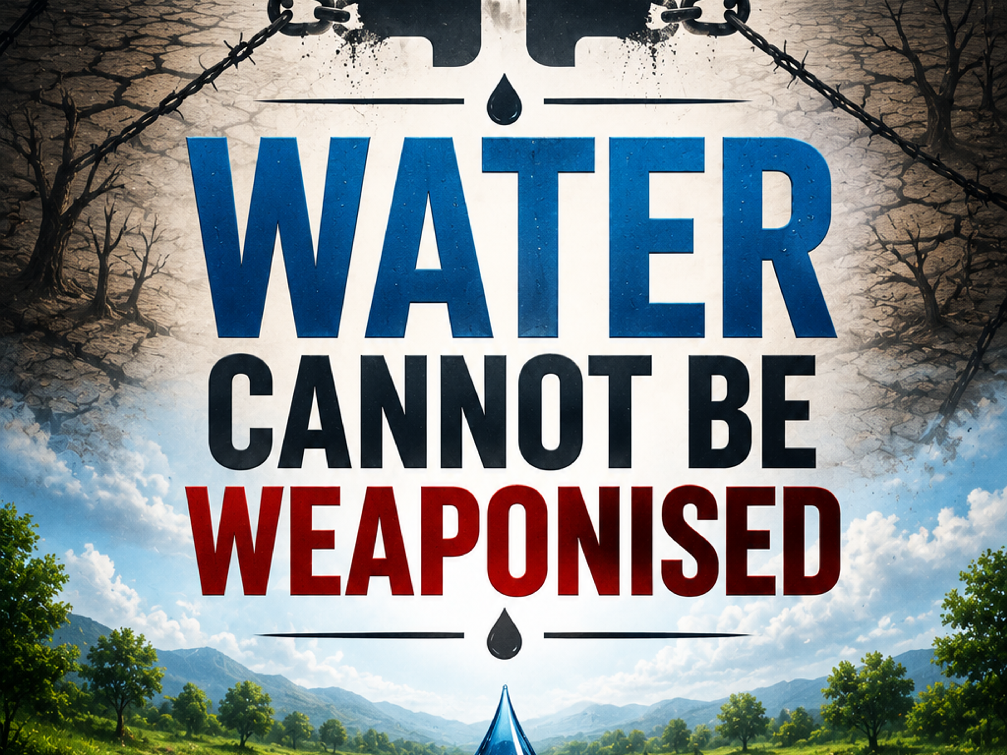 A vertical split image contrasting the weaponization of water (top: chained faucet, barbed wire, soldiers, dam, dry land) with its life-giving nature (bottom: lush river, hands holding Earth in a water drop). Text: "WATER CANNOT BE WEAPONISED".