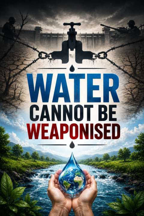 A vertical split image contrasting the weaponization of water (top: chained faucet, barbed wire, soldiers, dam, dry land) with its life-giving nature (bottom: lush river, hands holding Earth in a water drop). Text: "WATER CANNOT BE WEAPONISED".