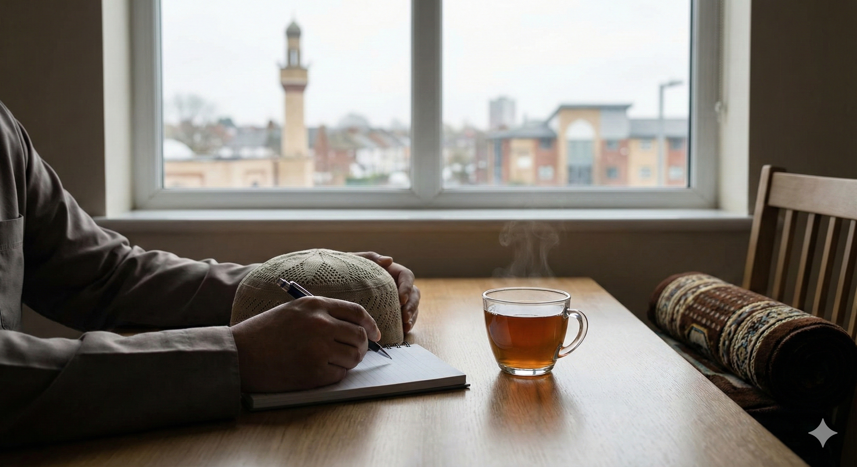 Hands writing in a notebook, next to a kufi and steaming tea, with a mosque minaret visible through a window.