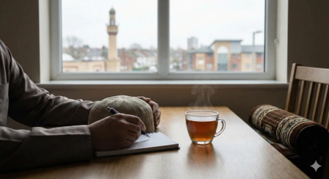 Hands writing in a notebook, next to a kufi and steaming tea, with a mosque minaret visible through a window.