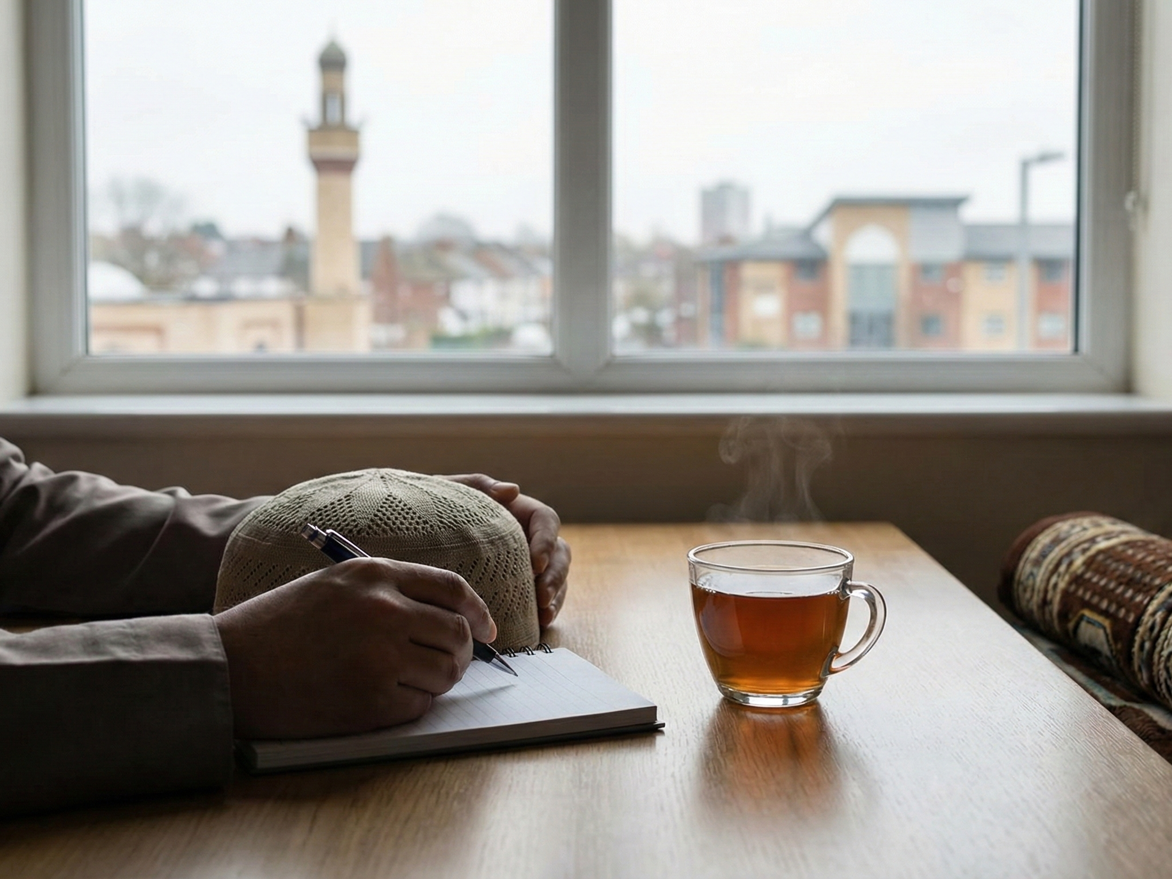 Hands writing in a notebook, next to a kufi and steaming tea, with a mosque minaret visible through a window.