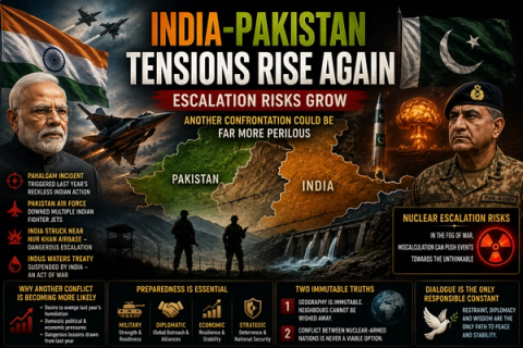 An infographic detailing rising India-Pakistan tensions, featuring portraits of Modi and a Pakistani general, flags, fighter jets, a map, and warnings about nuclear escalation.