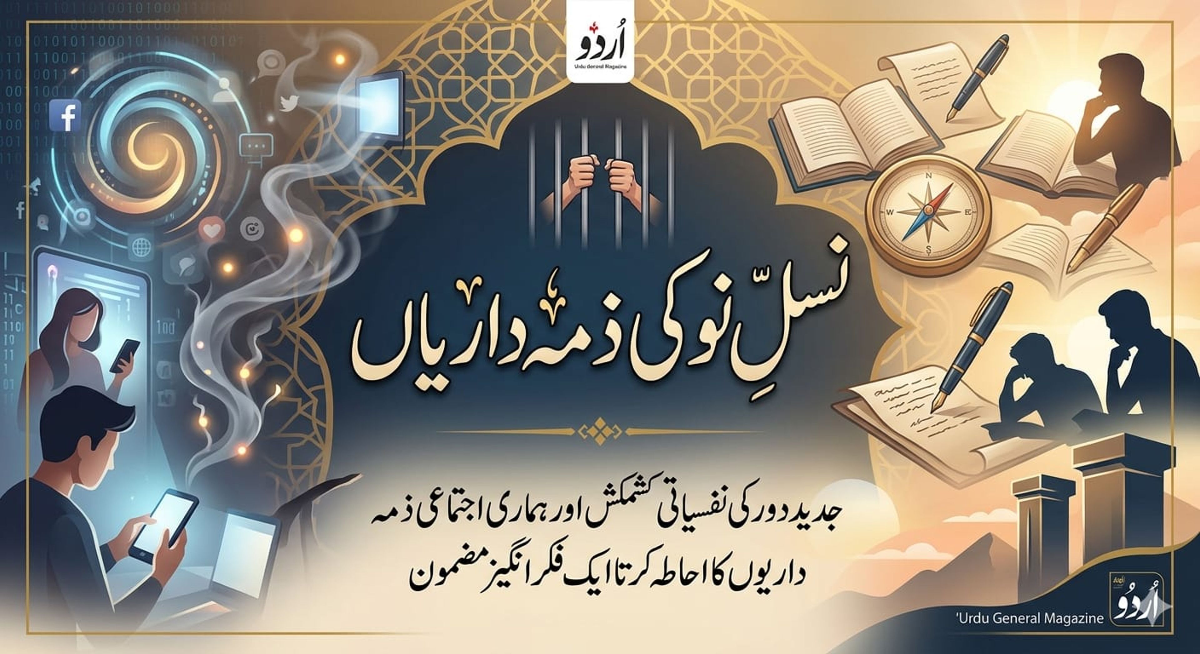 Urdu magazine cover for "Responsibilities of the New Generation," depicting modern digital life, traditional wisdom, and hands behind prison bars.