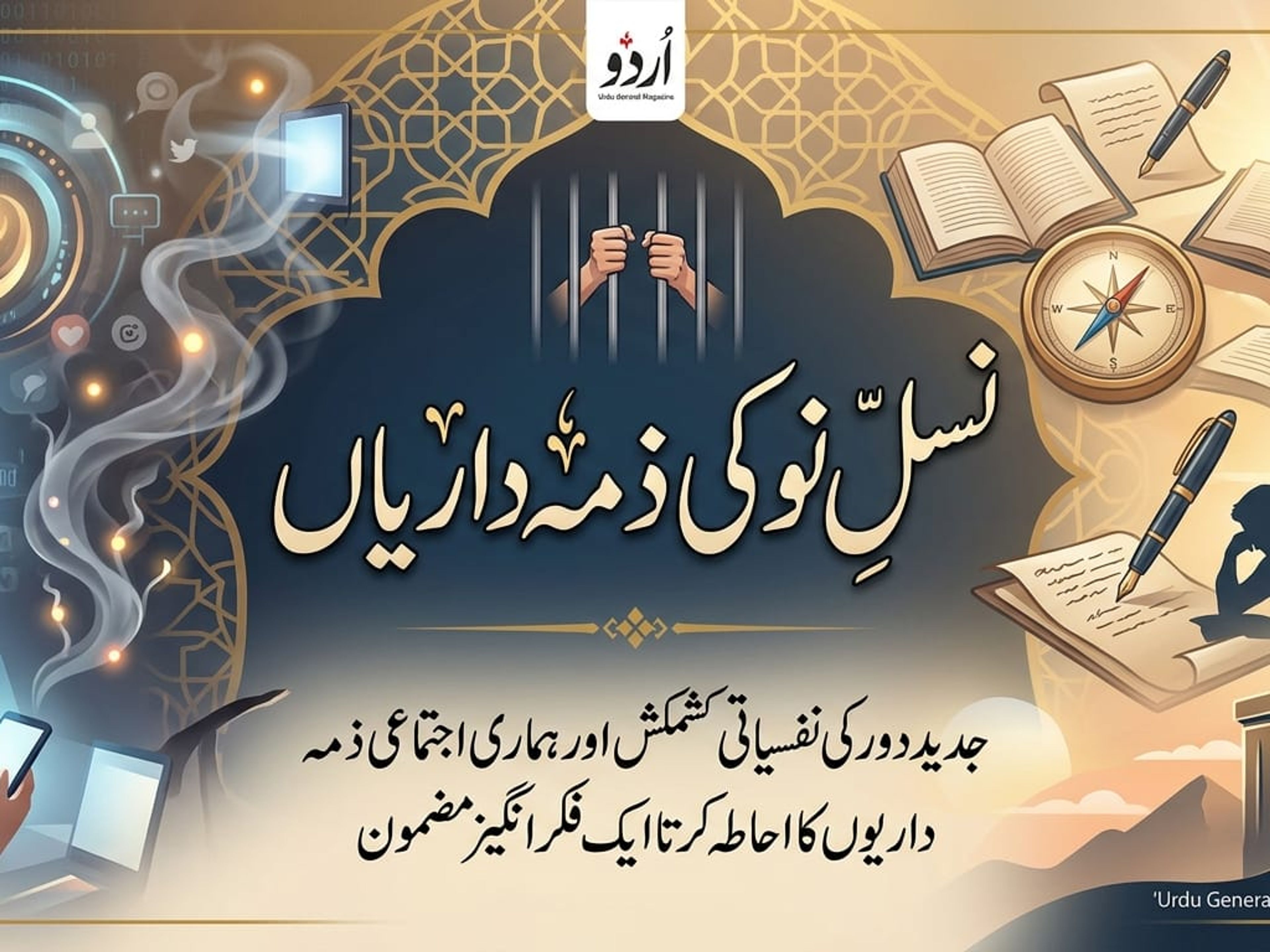 Urdu magazine cover for "Responsibilities of the New Generation," depicting modern digital life, traditional wisdom, and hands behind prison bars.