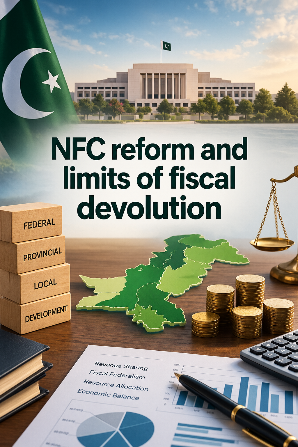 Illustration for 'NFC reform and limits of fiscal devolution' with Pakistan's flag, Parliament House, a map of Pakistan, stacked coins, justice scales, and blocks labeled Federal, Provincial, Local, Development.