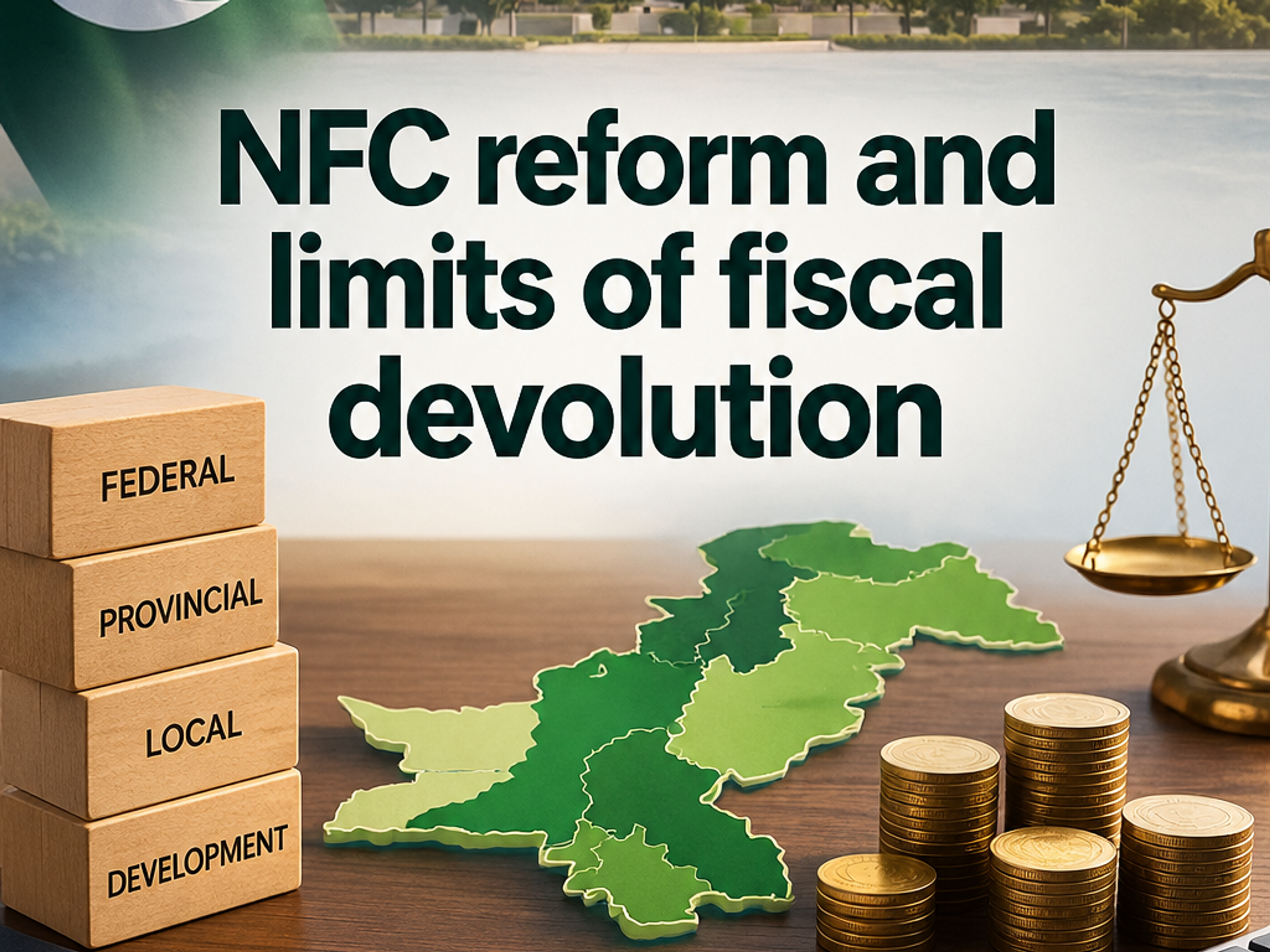Illustration for 'NFC reform and limits of fiscal devolution' with Pakistan's flag, Parliament House, a map of Pakistan, stacked coins, justice scales, and blocks labeled Federal, Provincial, Local, Development.