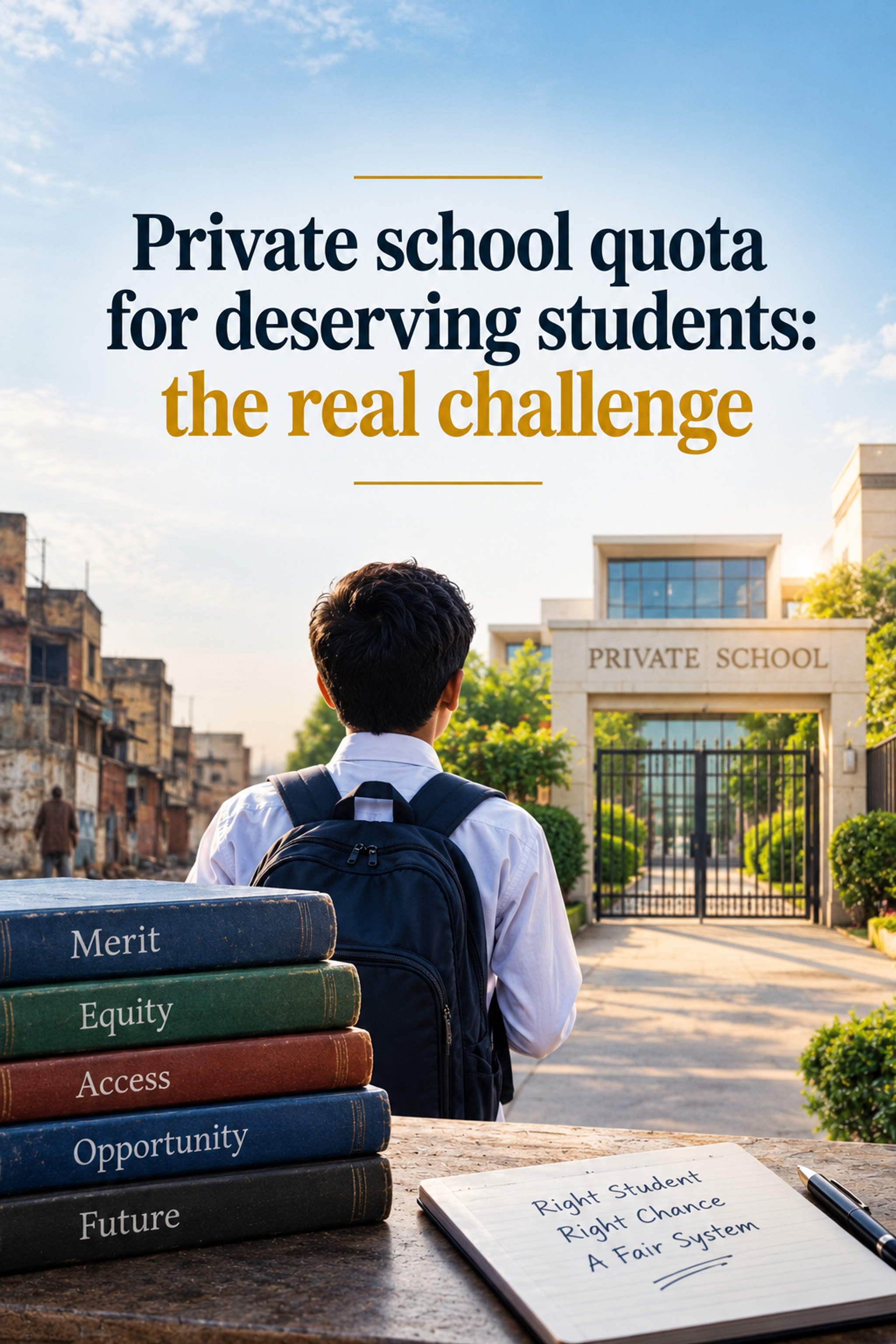 A student with a backpack faces a private school gate, with old buildings on the left. In the foreground are books titled "Merit," "Equity," "Access," "Opportunity," "Future," and a notebook with "Right Student, Right Chance, A Fair System." Overlay text reads: "Private school quota for deserving students: the real challenge."