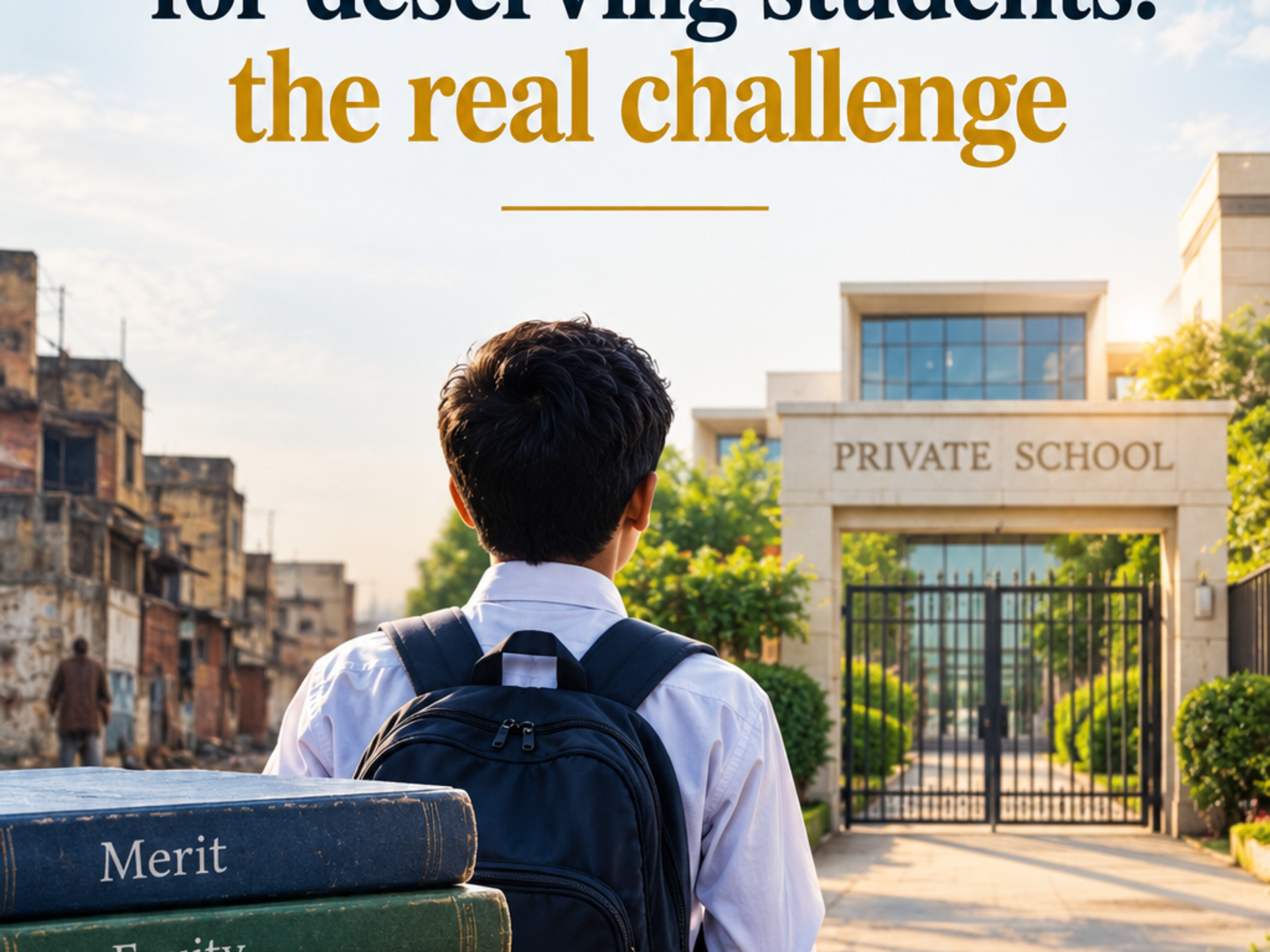 A student with a backpack faces a private school gate, with old buildings on the left. In the foreground are books titled "Merit," "Equity," "Access," "Opportunity," "Future," and a notebook with "Right Student, Right Chance, A Fair System." Overlay text reads: "Private school quota for deserving students: the real challenge."