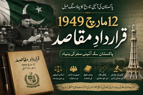 Liaquat Ali Khan speaking, a Pakistani flag, Minar-e-Pakistan, and a document titled 'Objectives Resolution, March 12, 1949'.