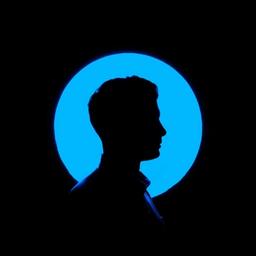 Profile silhouette of a person against a blue circle on a black background.