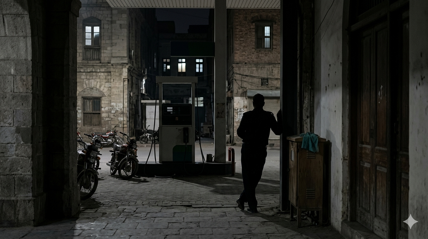 Silhouetted person leaning by a gas pump at night, with motorcycles and old buildings.