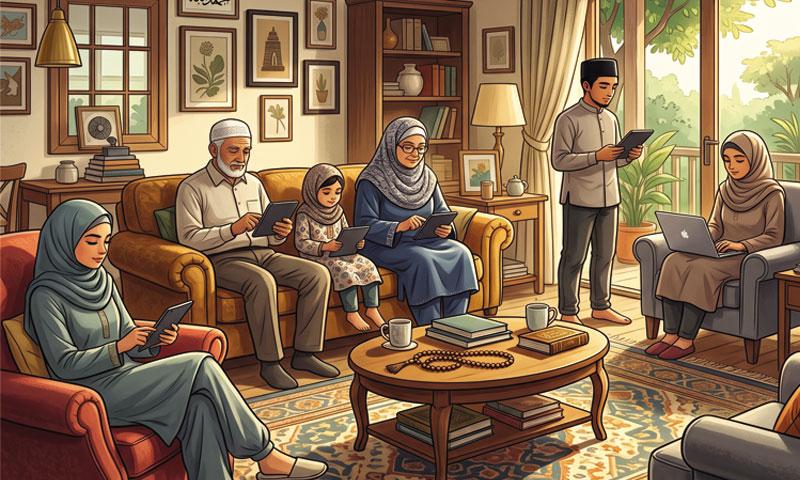 A multi-generational Muslim family uses tablets and a laptop in a cozy living room.