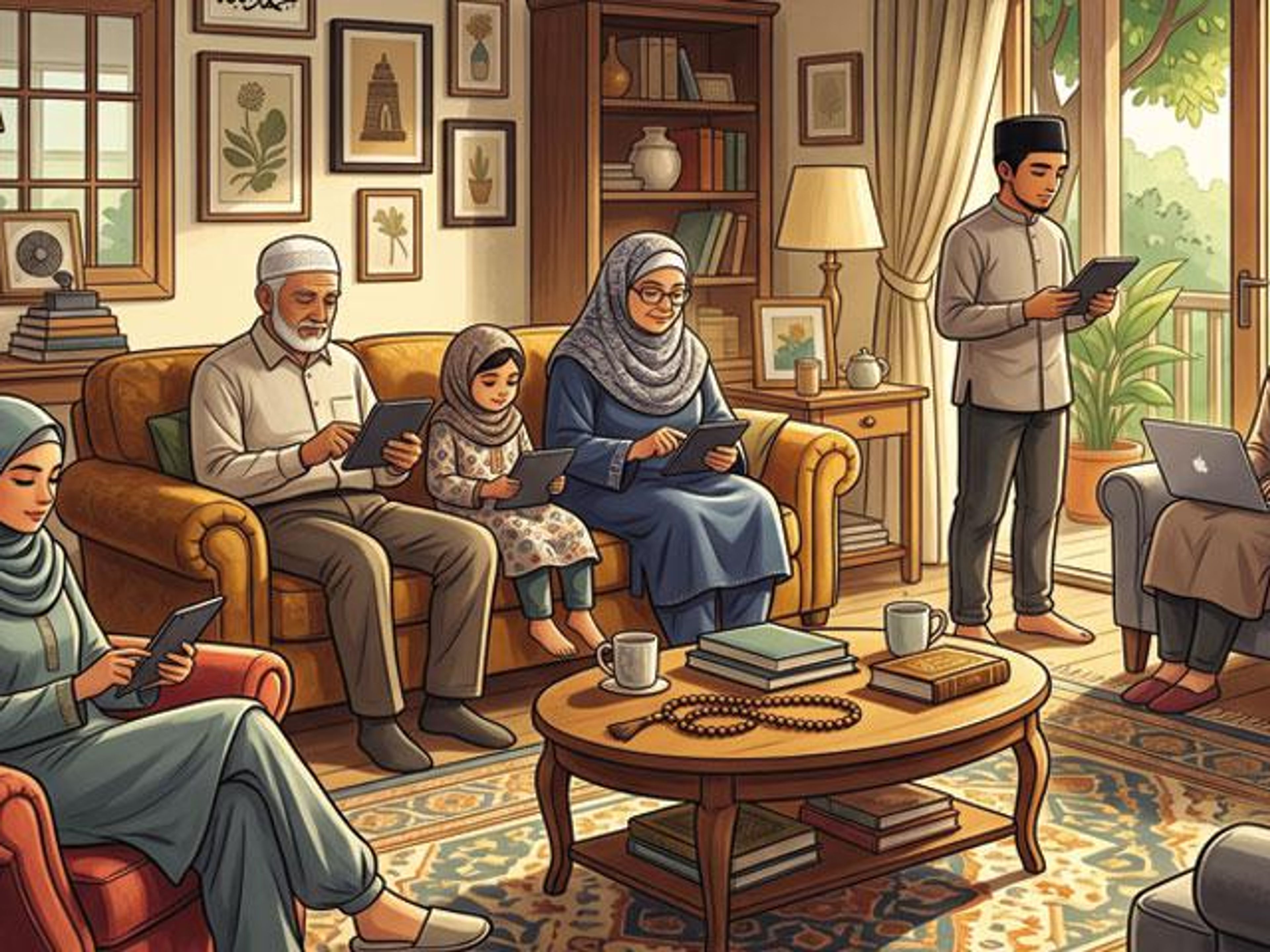 A multi-generational Muslim family uses tablets and a laptop in a cozy living room.
