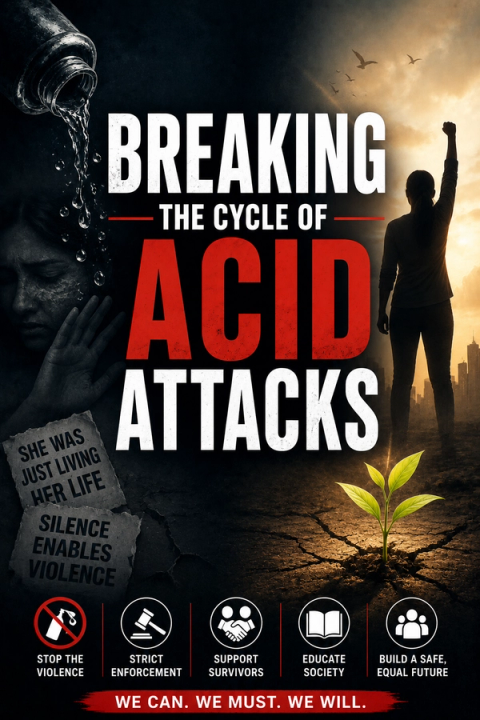 A poster titled "BREAKING THE CYCLE OF ACID ATTACKS," showing a woman with acid on her face, a person with a raised fist against a city skyline, a small plant growing from cracked earth, and calls to action against violence.