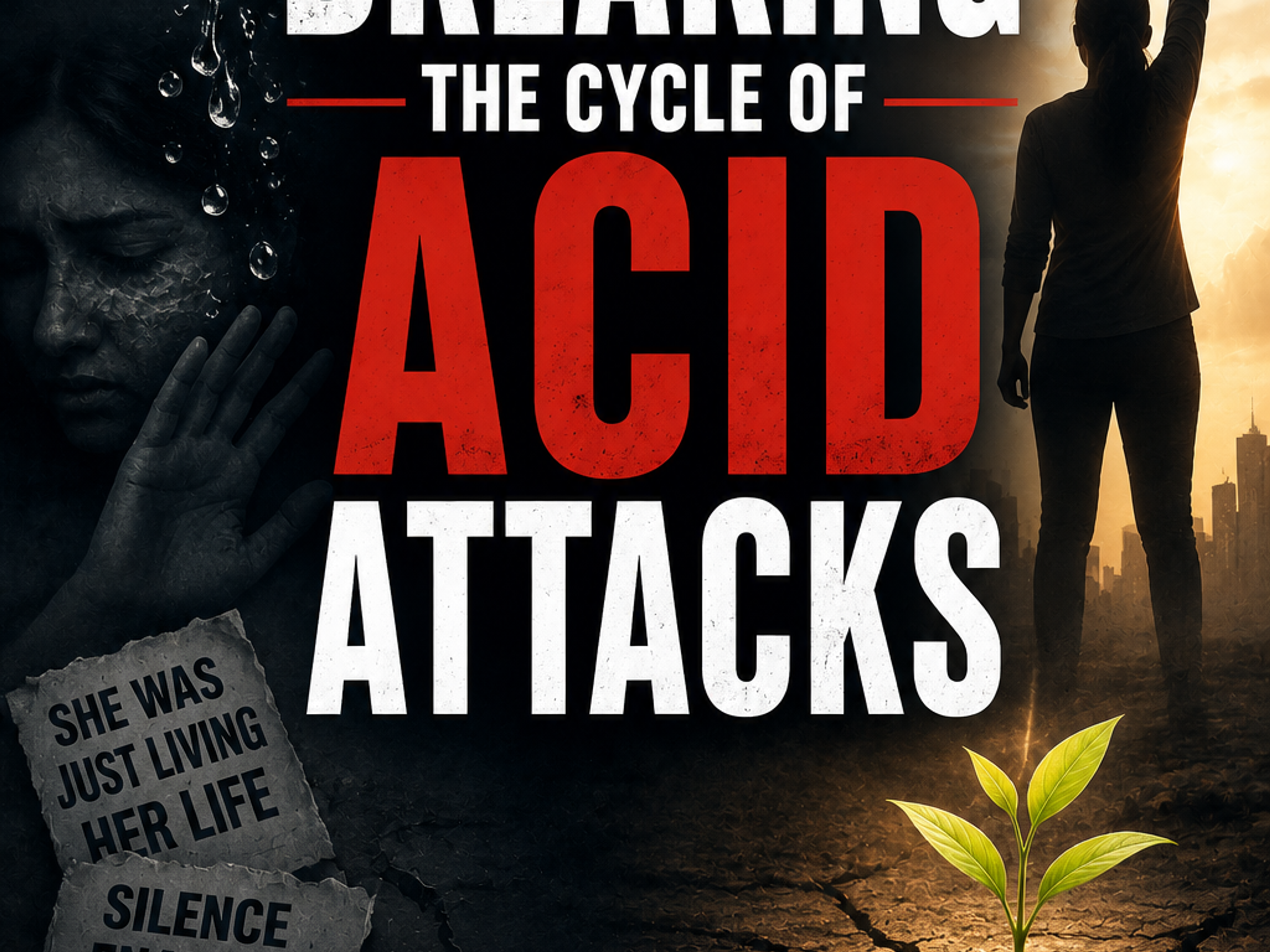 A poster titled "BREAKING THE CYCLE OF ACID ATTACKS," showing a woman with acid on her face, a person with a raised fist against a city skyline, a small plant growing from cracked earth, and calls to action against violence.