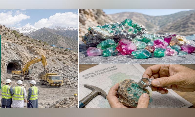 A collage showing a mountainous mining operation, rough colorful gemstones, and a geologist examining a mineral specimen.