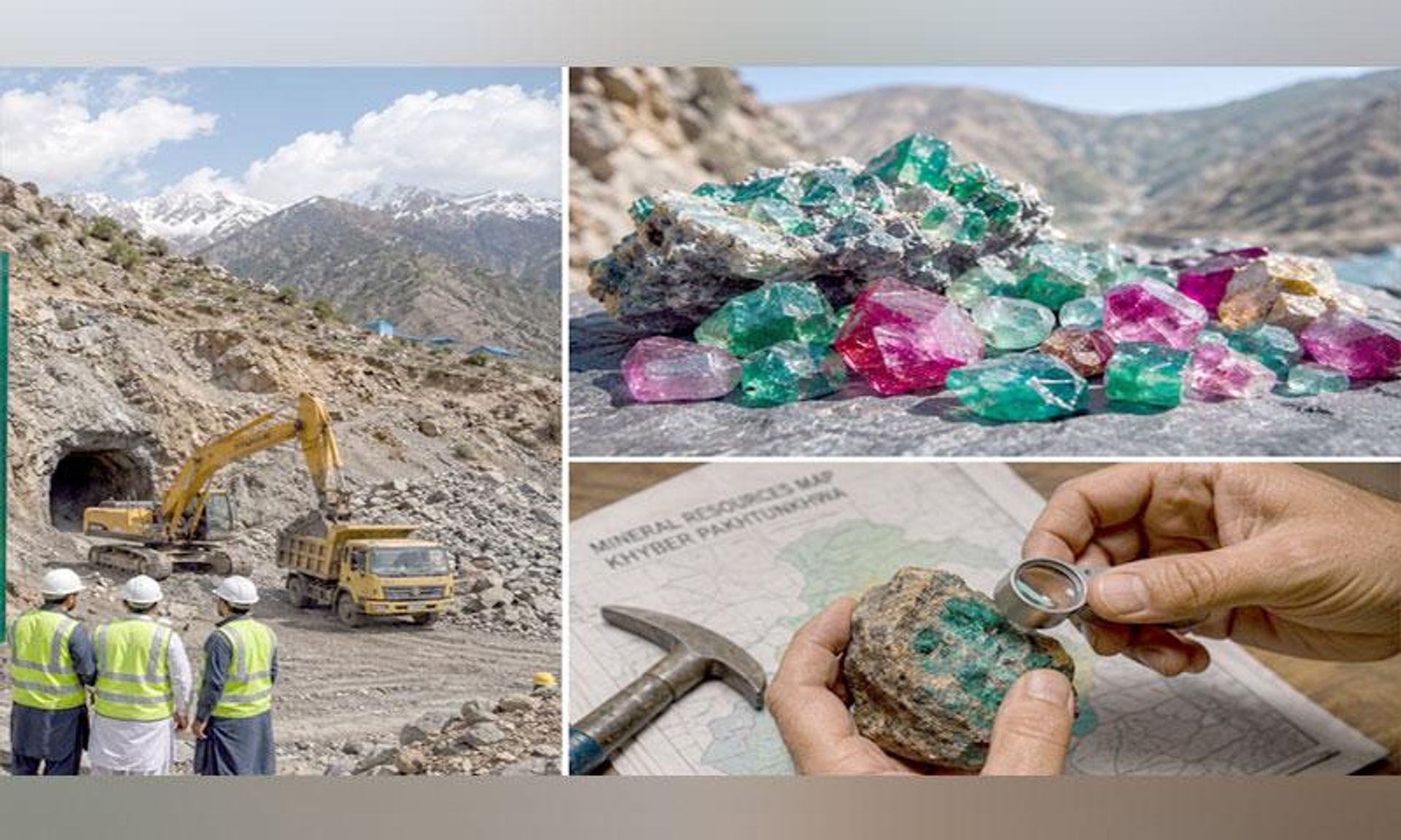 A collage showing a mountainous mining operation, rough colorful gemstones, and a geologist examining a mineral specimen.