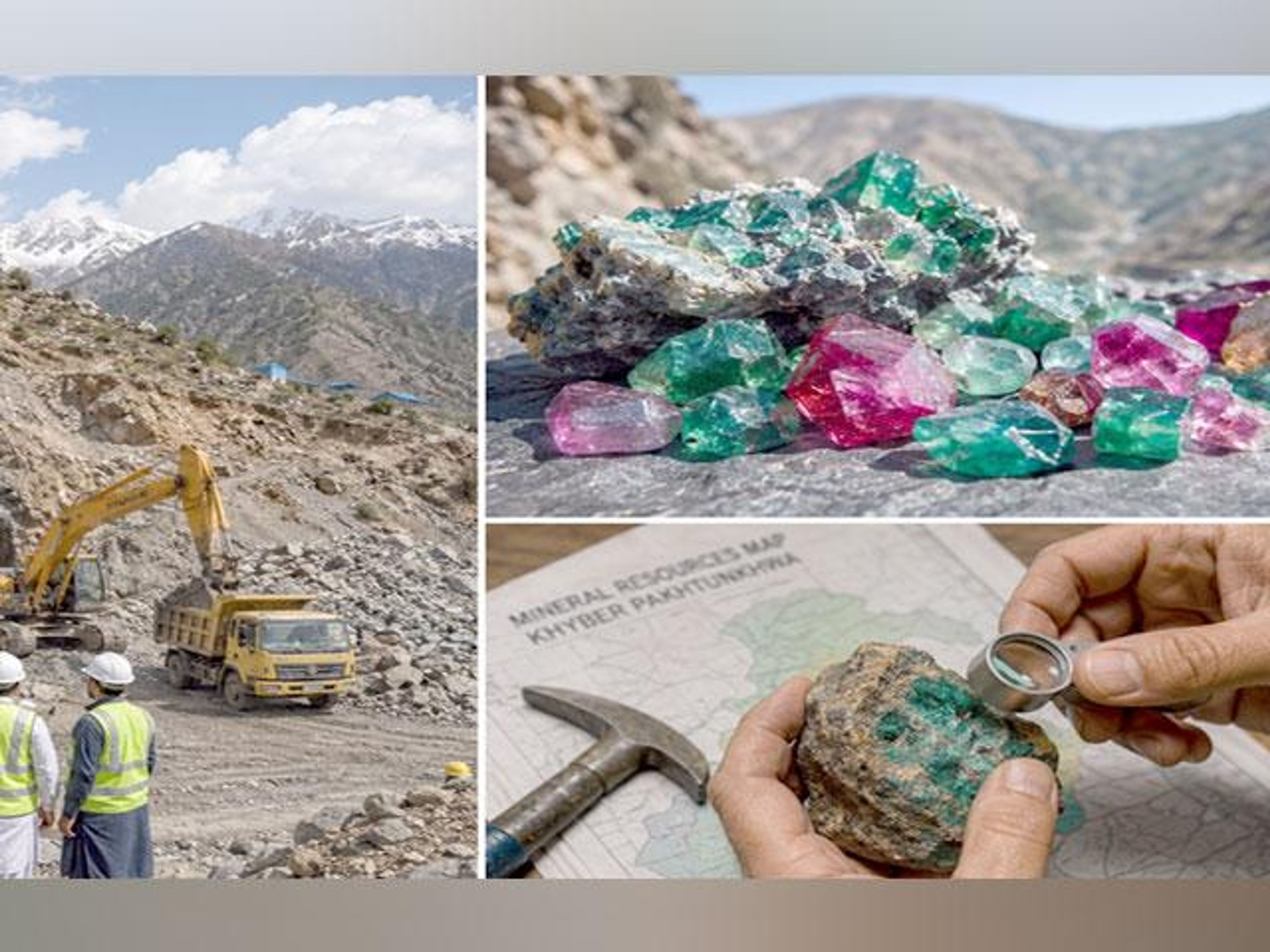 A collage showing a mountainous mining operation, rough colorful gemstones, and a geologist examining a mineral specimen.