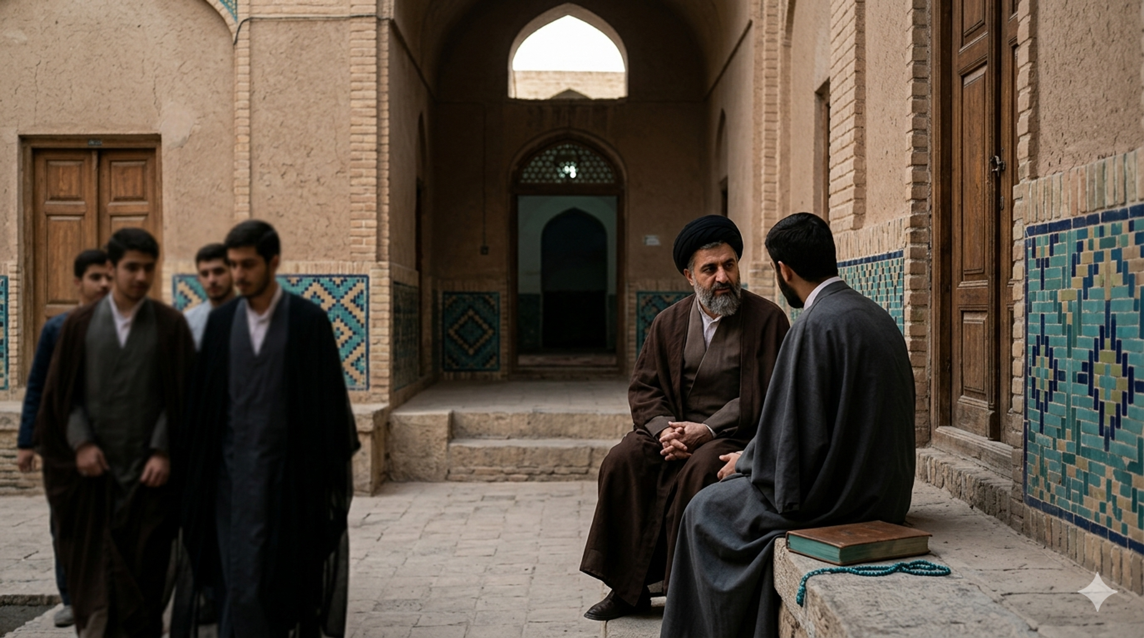 Two men in clerical attire converse on a stone bench while students walk past in a traditional tiled courtyard.