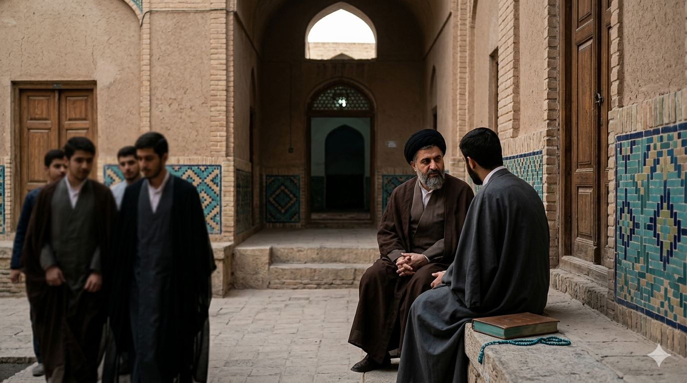 Two men in clerical attire converse on a stone bench while students walk past in a traditional tiled courtyard.