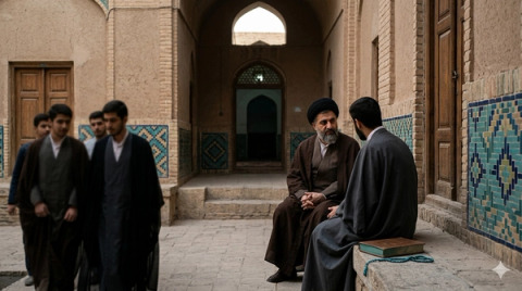 Two men in clerical attire converse on a stone bench while students walk past in a traditional tiled courtyard.