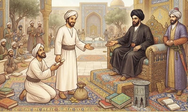 An illustration of an ornate Middle Eastern court with a seated ruler, a kneeling man presenting a scroll, and other figures.